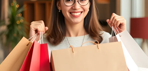 Image of someone happily holding shopping bags or unboxing an online purchase